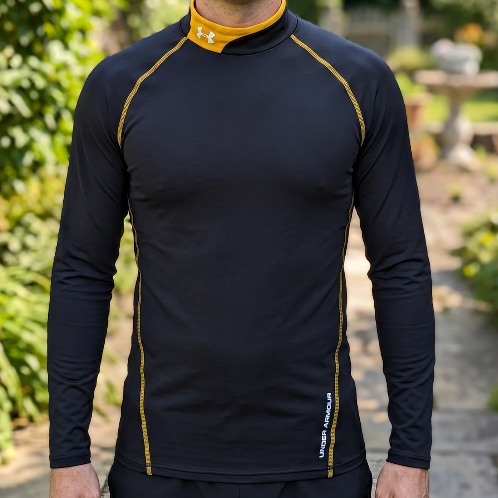 Under Armour ColdGear Mock Neck Compression Shirt Black Yellow Long Sleeve M
